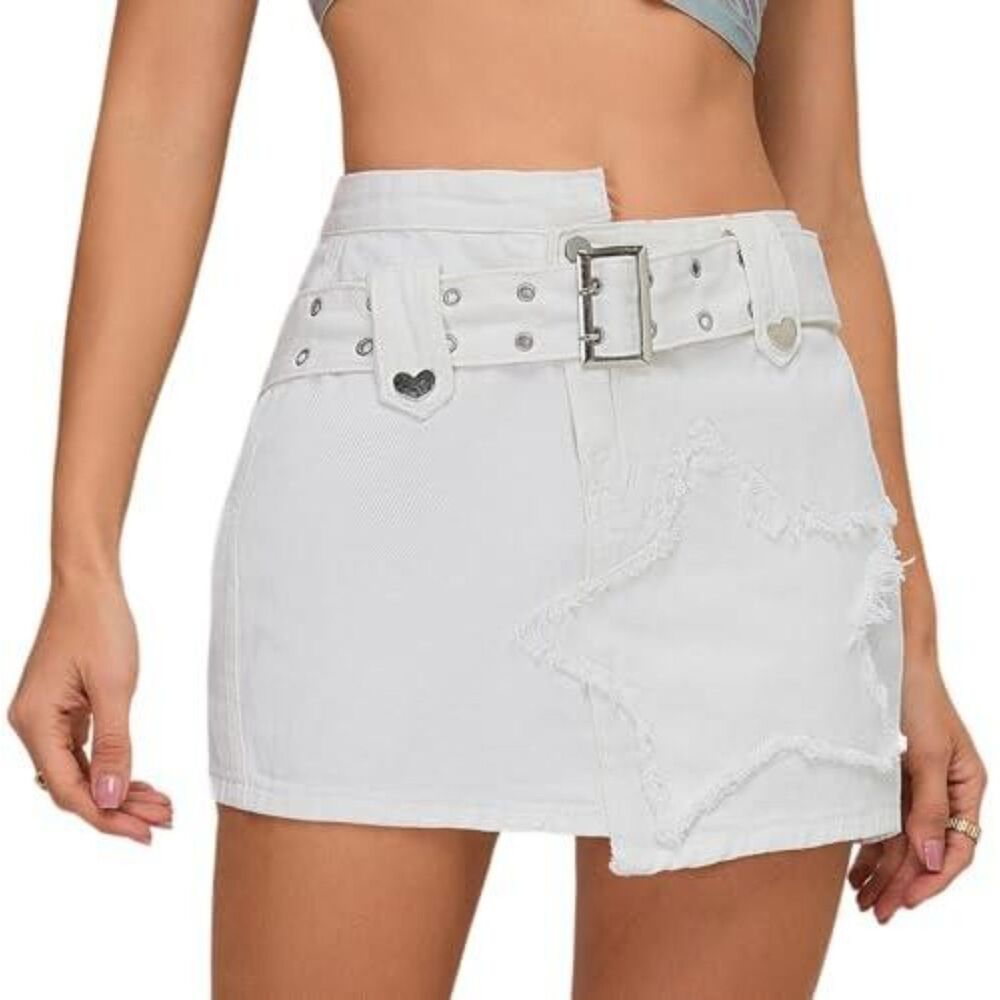 Women's Teen White Denim Mini Skirt Asymmetrical Hearts Stars Medium